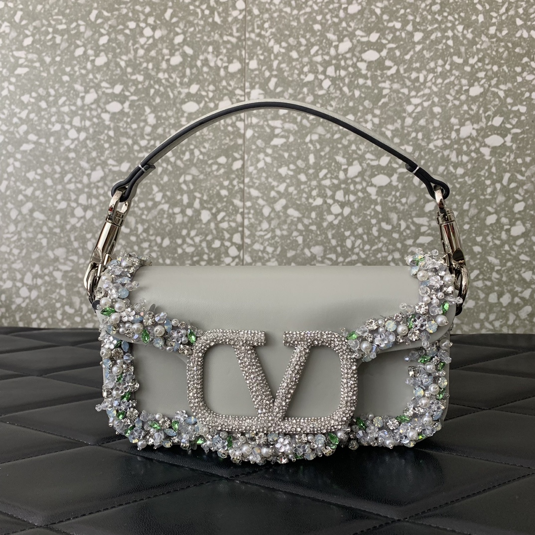 Valentino Garavani Loco Small Embroidered Shoulder Bag in Grey Metallic Nappa Leather